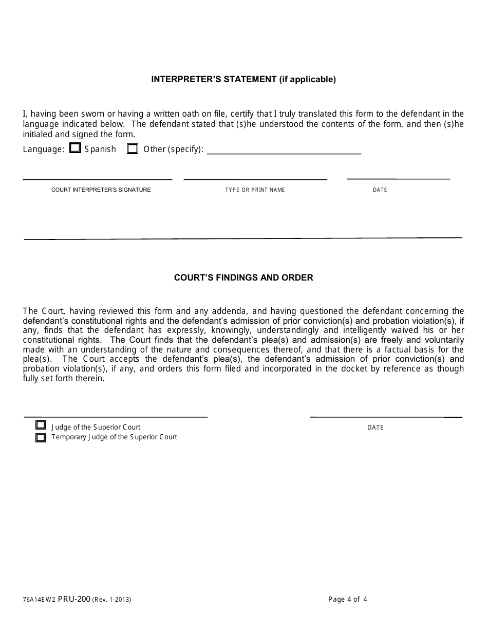Form PRU-200 Misdemeanor Advisement of Rights, Waiver, and Plea Form - County of Yolo, California, Page 4