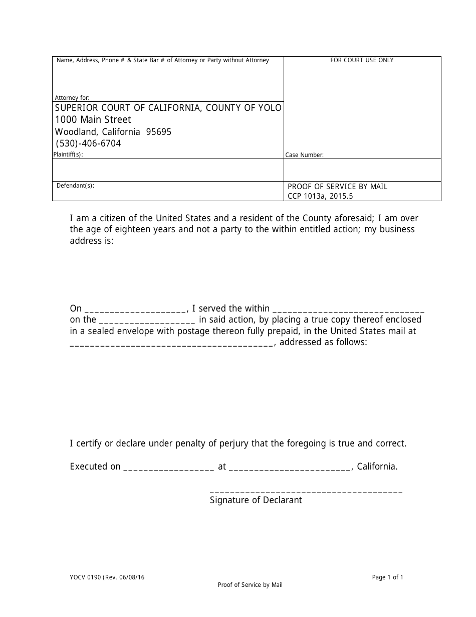 Form YOCV0190 Proof of Service by Mail - County of Yolo, California, Page 1