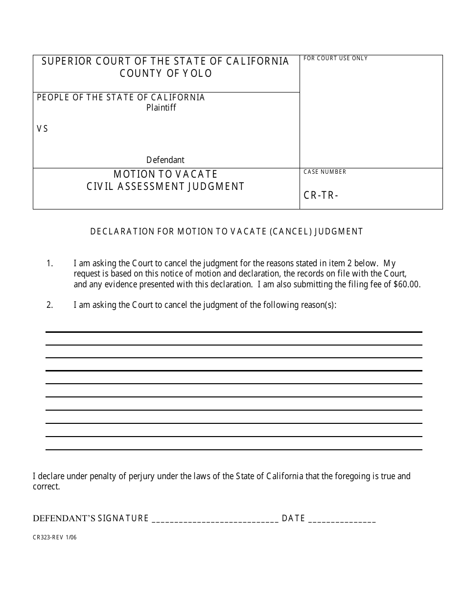 Form CR323 Motion to Vacate Civil Assessment Judgment - County of Yolo, California, Page 1