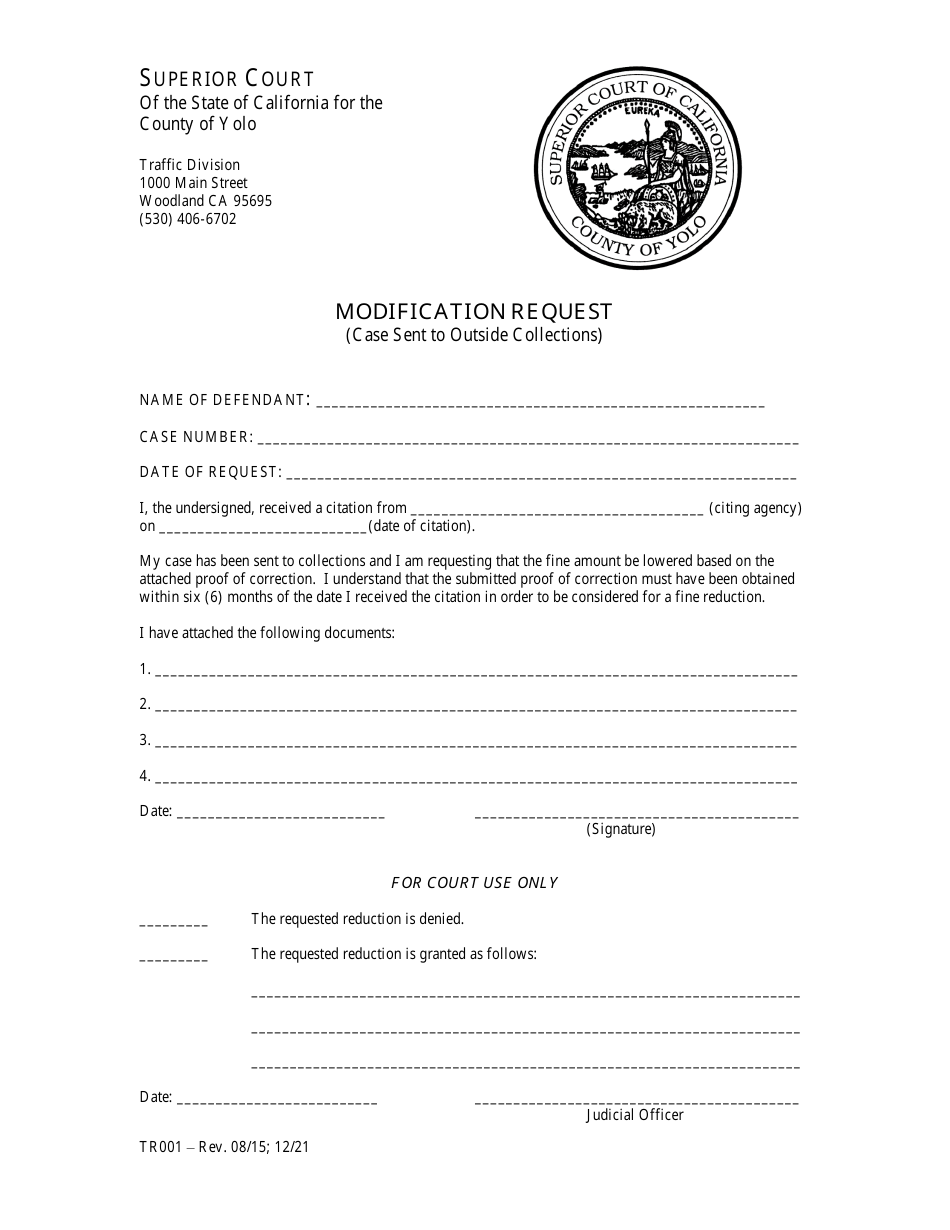 Form TR001 Modification Request (Case Sent to Outside Collections) - Yolo County, California, Page 1