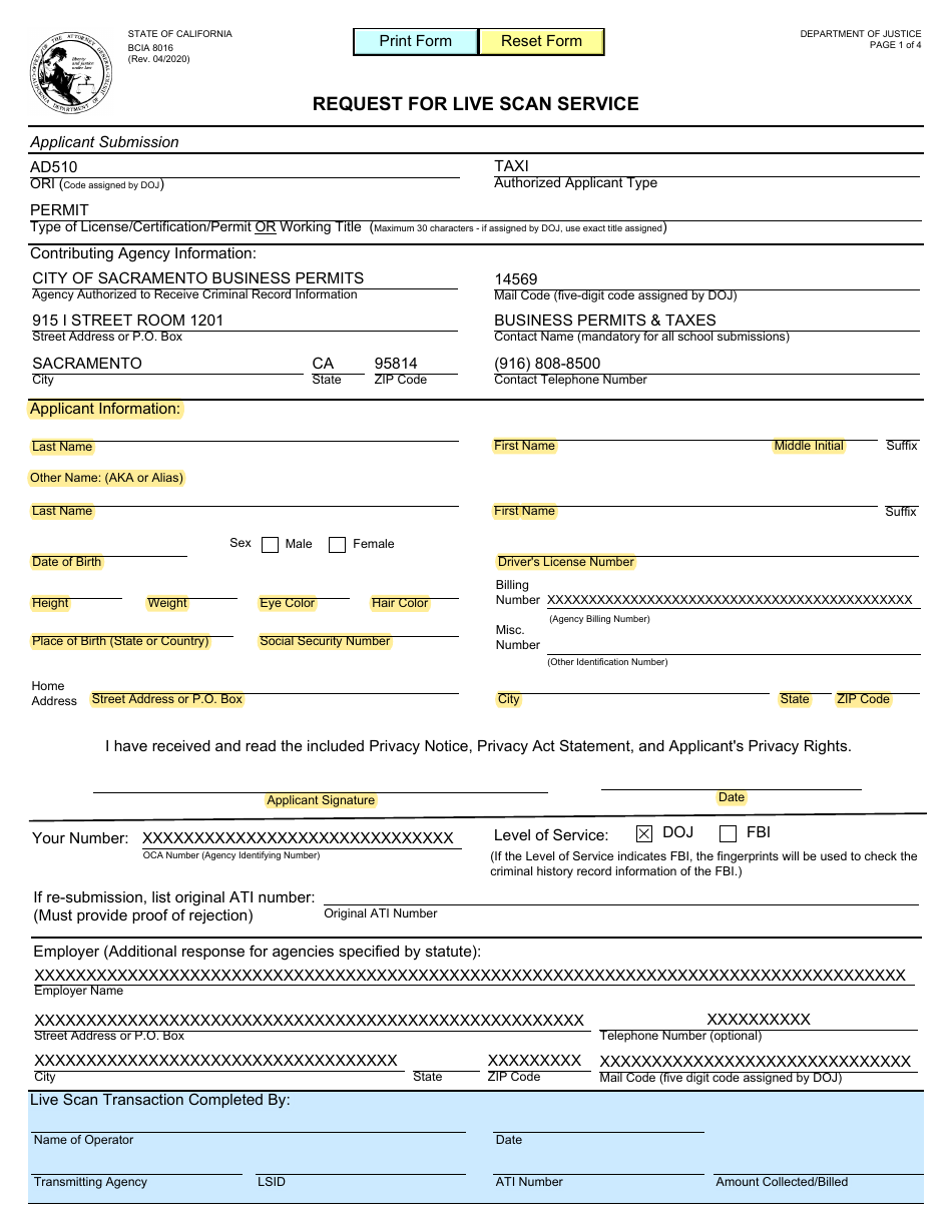 Form BCIA8016 Request for Live Scan Service - City of Sacramento, California, Page 1