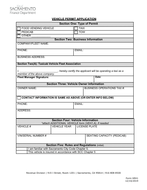 Form VEH1 Vehicle Permit Application - City of Sacramento, California