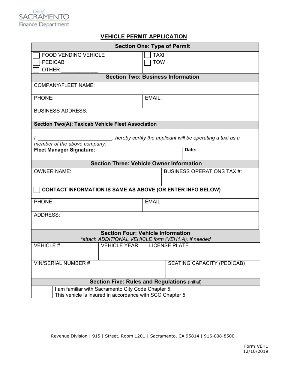 Form VEH1 Vehicle Permit Application - City of Sacramento, California, Page 1
