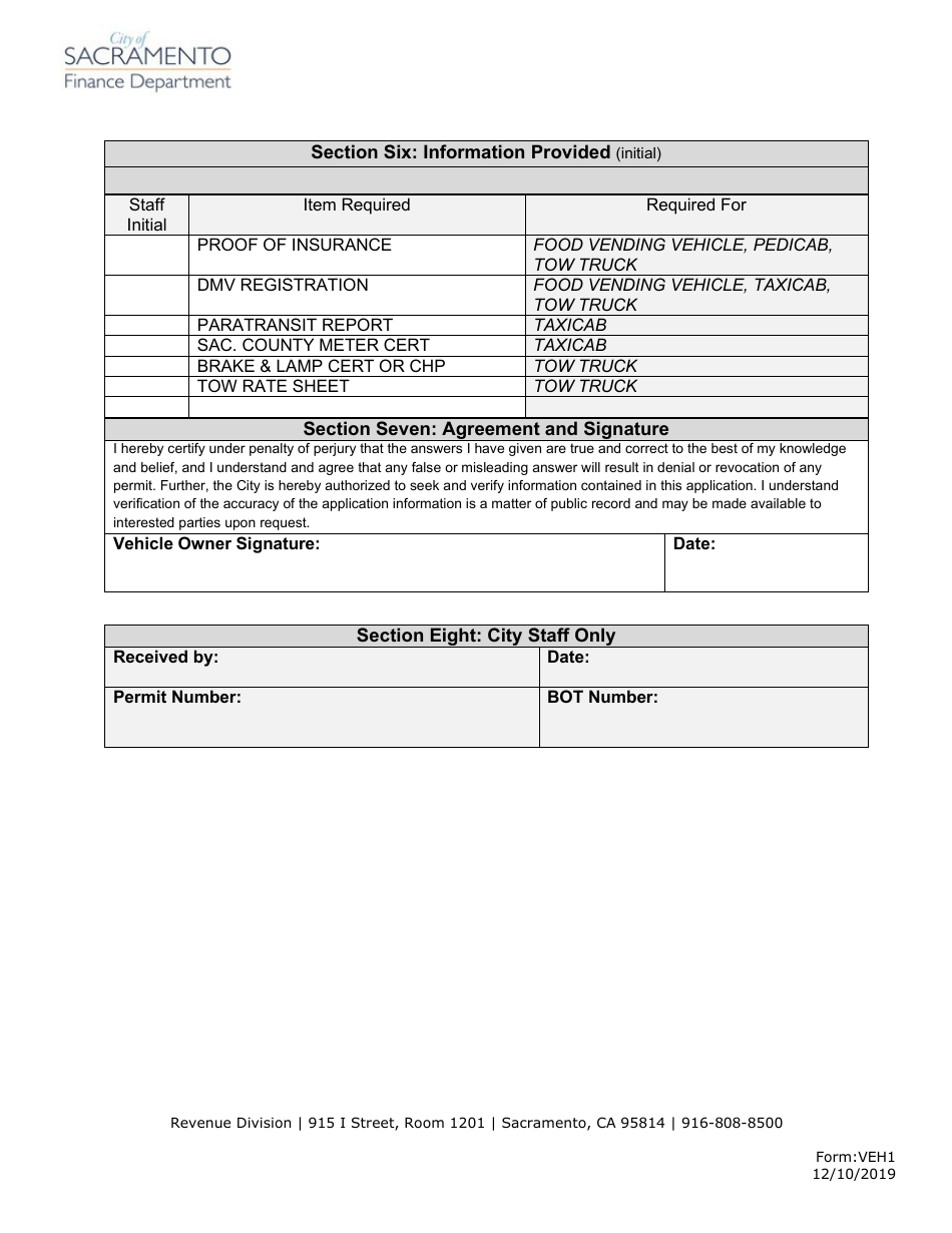 Form VEH1 - Fill Out, Sign Online and Download Fillable PDF, City of ...