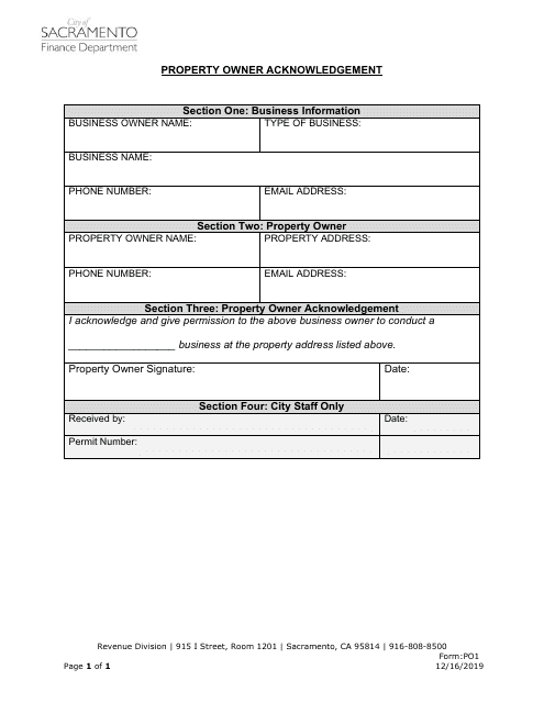 Form PO1 Property Owner Acknowledgement - City of Sacramento, California