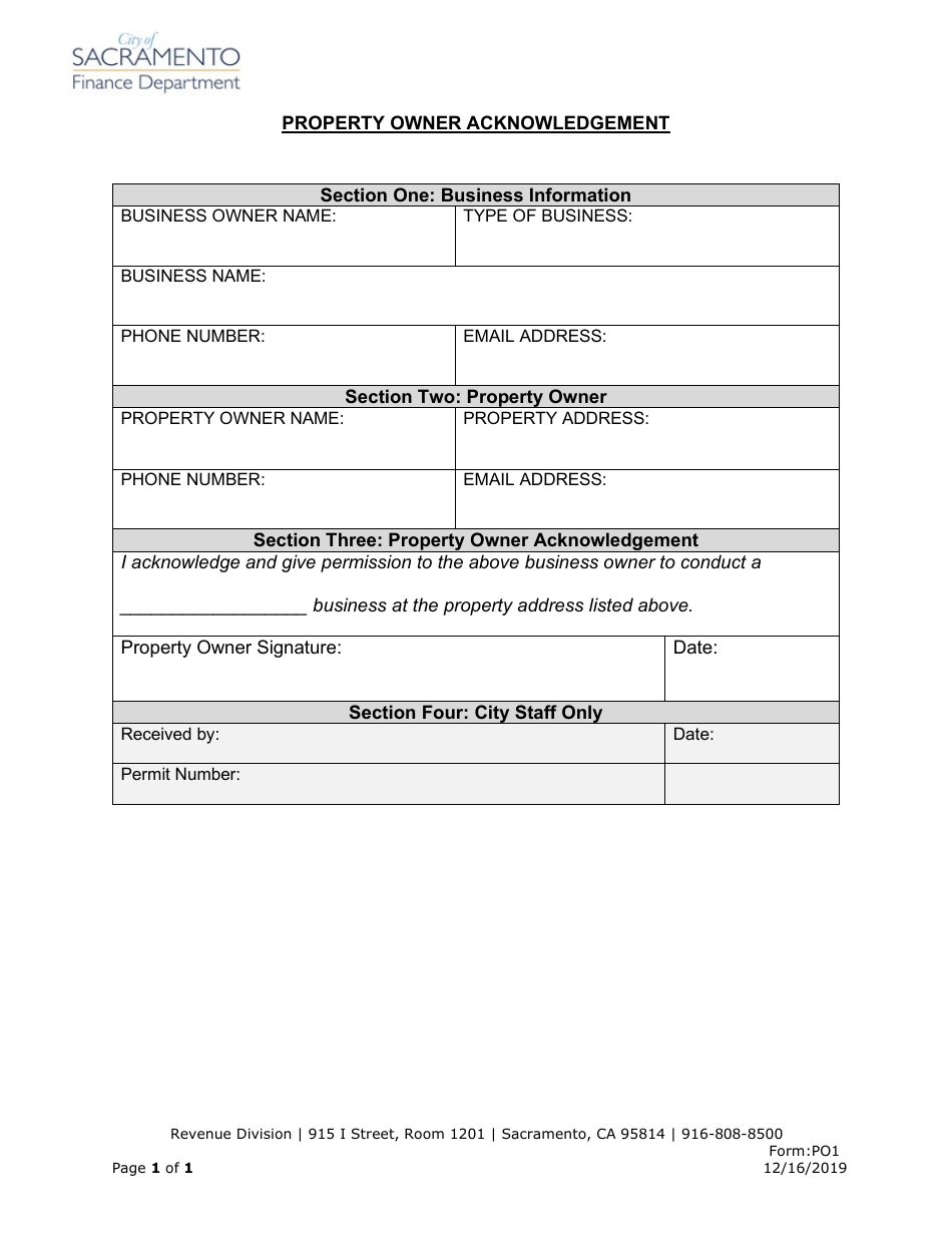 Form PO1 Property Owner Acknowledgement - City of Sacramento, California, Page 1