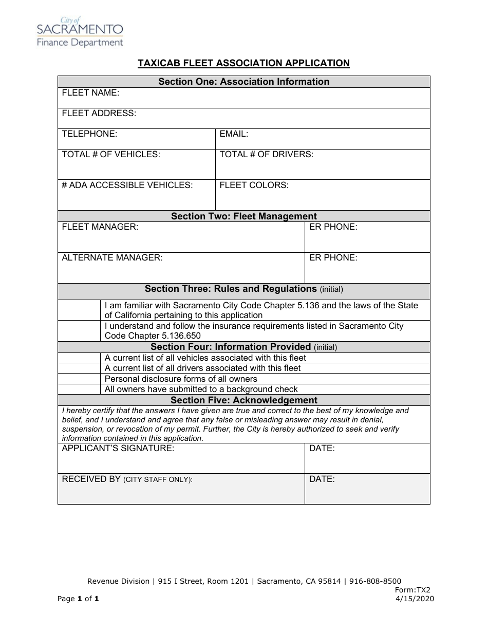 Form TX2 Taxicab Fleet Association Application - City of Sacramento, California, Page 1