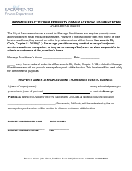 Document preview: Massage Practitioner Property Owner Acknowledgment Form - Homebased Business - City of Sacramento, California