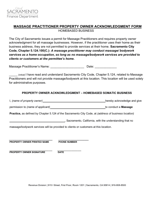 Massage Practitioner Property Owner Acknowledgment Form - Homebased Business - City of Sacramento, California Download Pdf