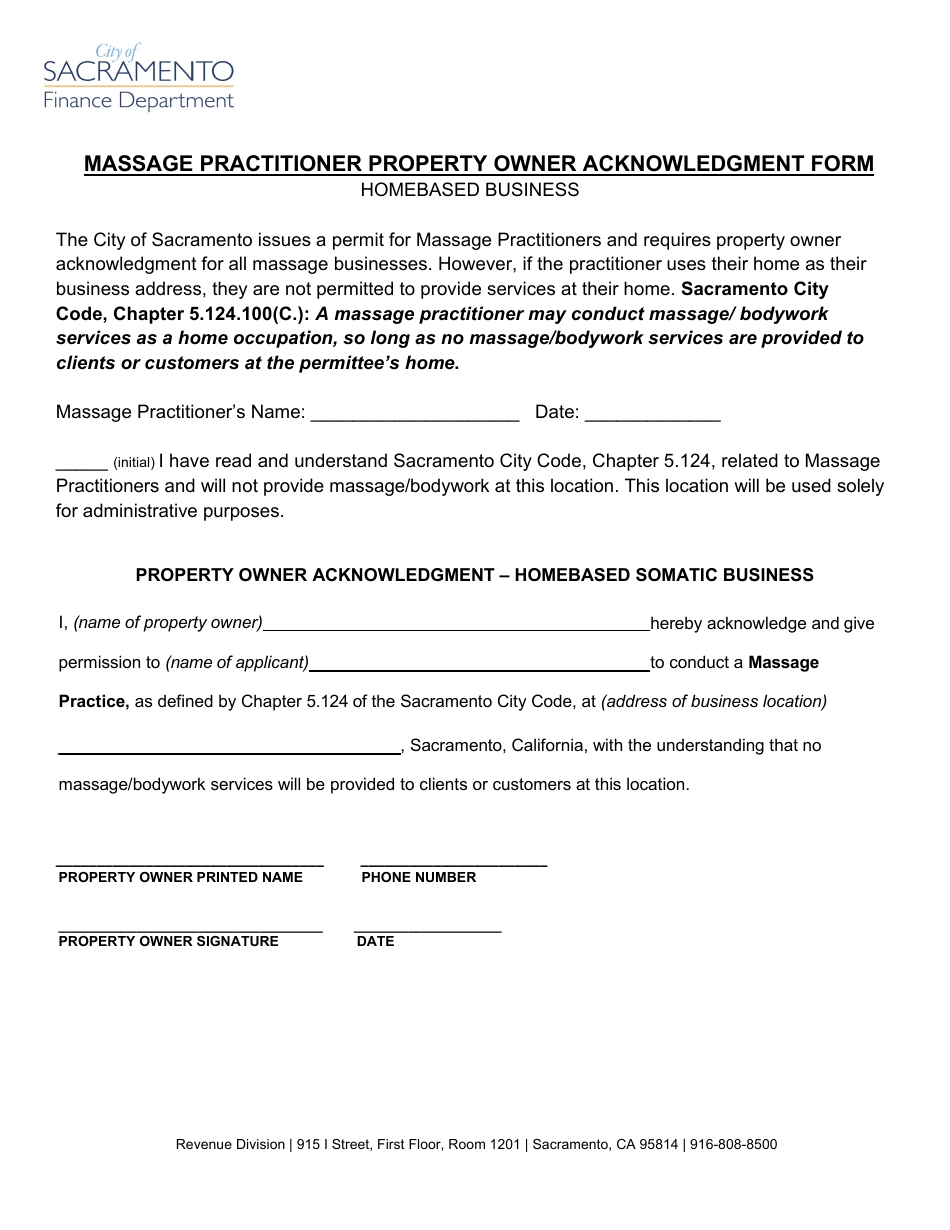 Massage Practitioner Property Owner Acknowledgment Form - Homebased Business - City of Sacramento, California, Page 1