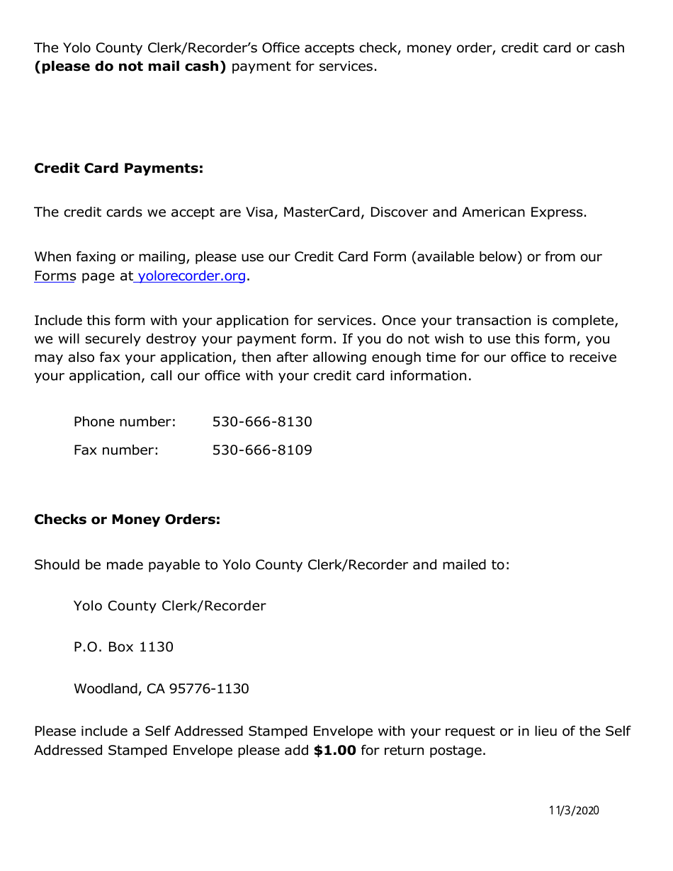 Credit Card Authorization - Yolo County, California, Page 1