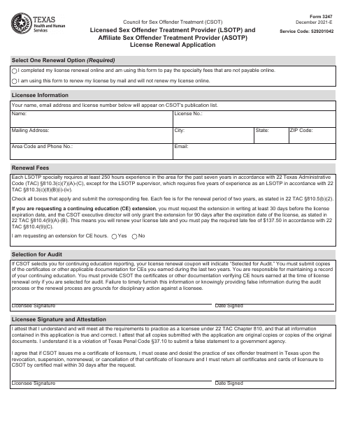 Form 3247 Licensed Sex Offender Treatment Provider (Lsotp) and Affiliate Sex Offender Treatment Provider (Asotp) License Renewal Application - Texas