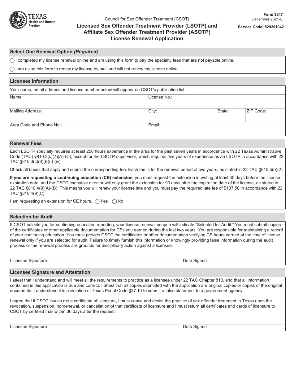 Form 3247 Licensed Sex Offender Treatment Provider (Lsotp) and Affiliate Sex Offender Treatment Provider (Asotp) License Renewal Application - Texas, Page 1