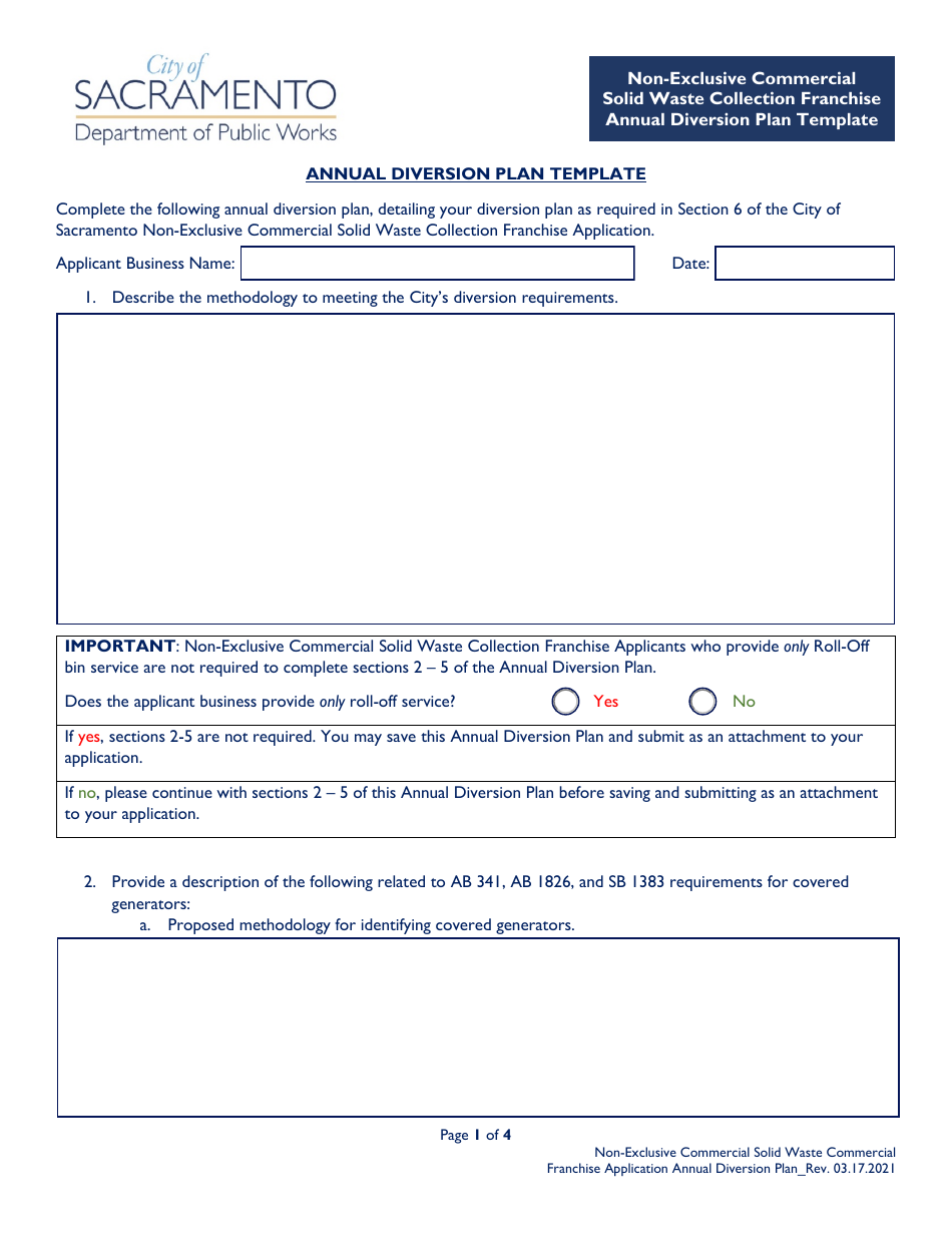 Non-exclusive Commercial Solid Waste Collection Franchise Annual Diversion Plan Template - City of Sacramento, California, Page 1
