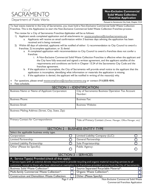 Non-exclusive Commercial Solid Waste Collection Franchise Application - City of Sacramento, California Download Pdf