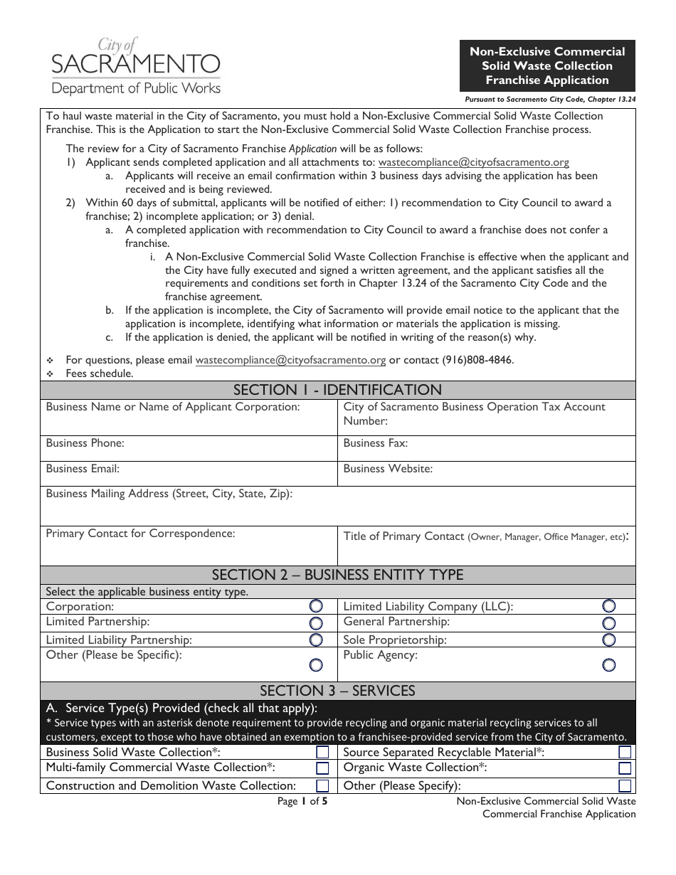 Non-exclusive Commercial Solid Waste Collection Franchise Application - City of Sacramento, California, Page 1