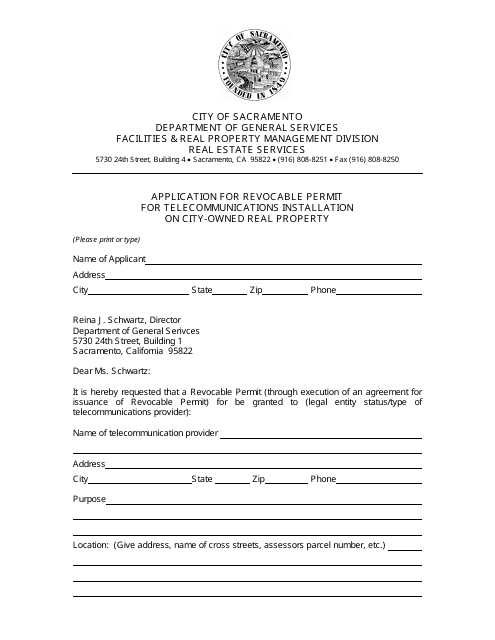 Application for Revocable Permit for Telecommunications Installation on City-Owned Real Property - City of Sacramento, California Download Pdf