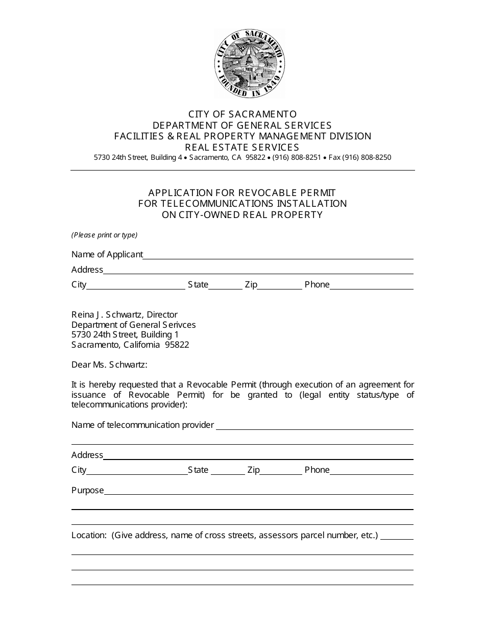 Application for Revocable Permit for Telecommunications Installation on City-Owned Real Property - City of Sacramento, California, Page 1