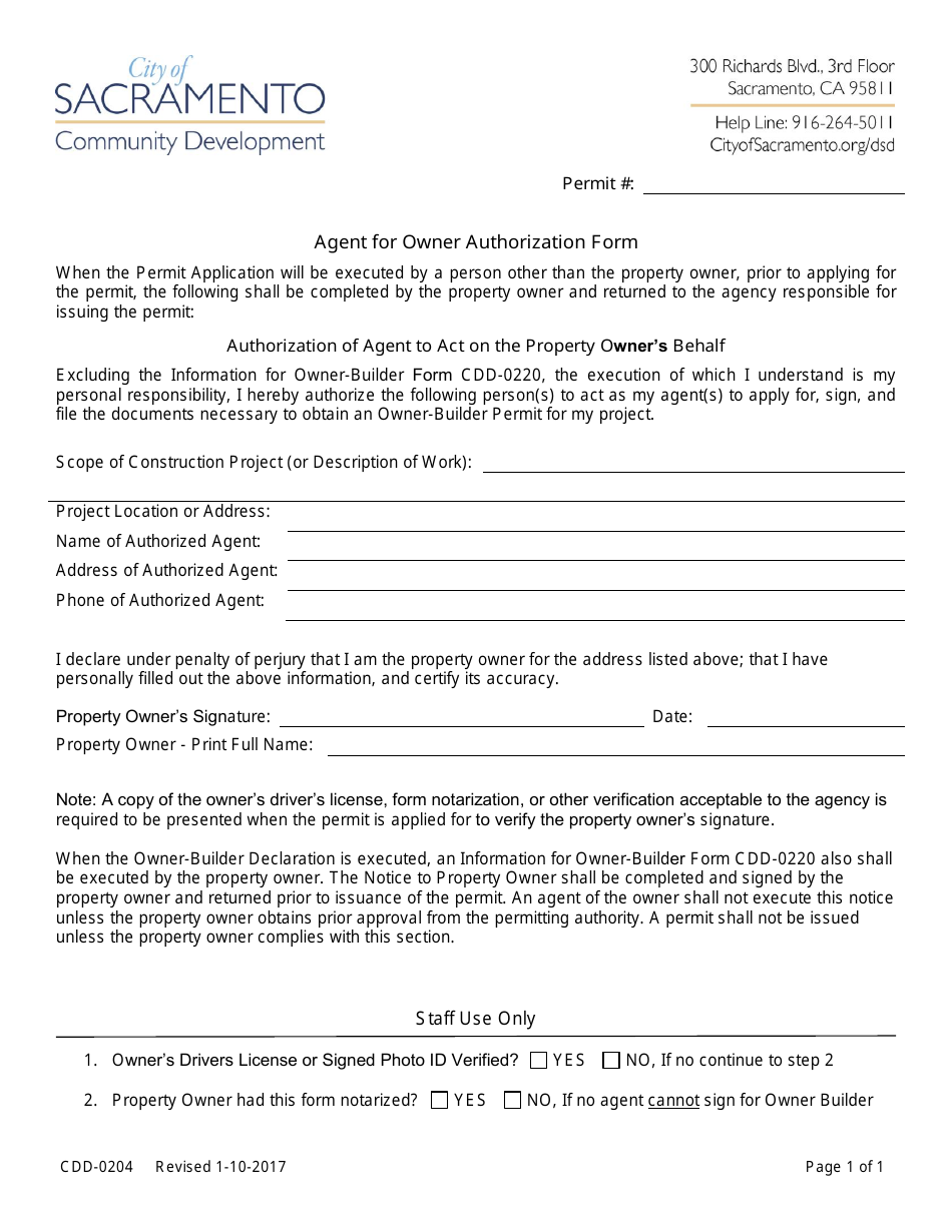 Form CDD-0204 Agent for Owner Authorization Form - City of Sacramento, California, Page 1