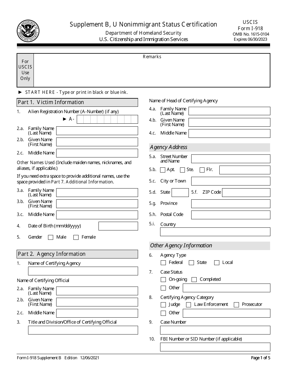 USCIS Form I-918 Supplement B U Nonimmigrant Status Certification, Page 1