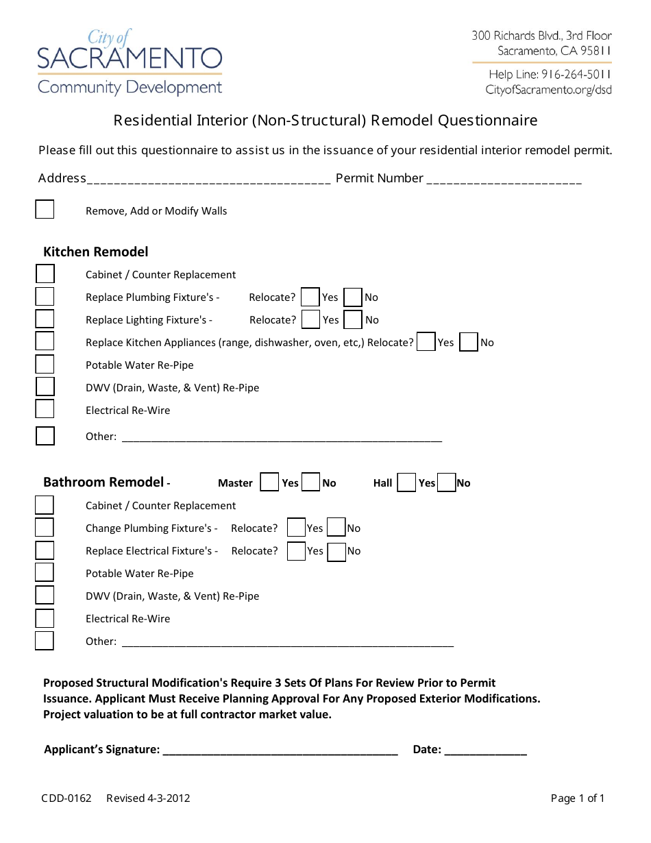 Form CDD-0162 Residential Interior (Non-structural) Remodel Questionnaire - City of Sacramento, California, Page 1