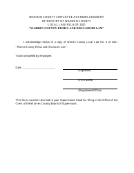Document preview: Warren County Employee Acknowledgment of Receipt of Warren County Local Law No. 6 of 2021 warren County Ethics and Disclosure Law - Warren County, New York