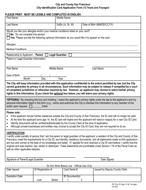 City Identification Card Application Form (13 Years and Younger) - City and County of San Francisco, California Download Pdf