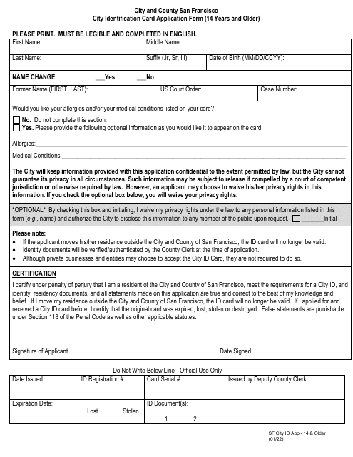 City Identification Card Application Form (14 Years and Older) - City and County of San Francisco, California Download Pdf