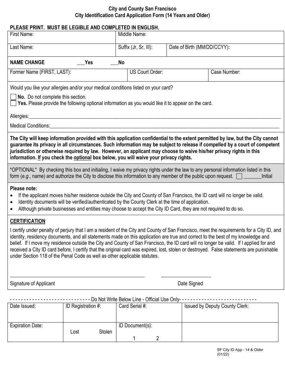 City Identification Card Application Form (14 Years and Older) - City and County of San Francisco, California, Page 1