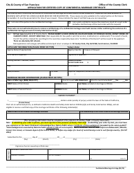 Document preview: Application for Certified Copy of Confidential Marriage Certificate - City and County of San Francisco, California