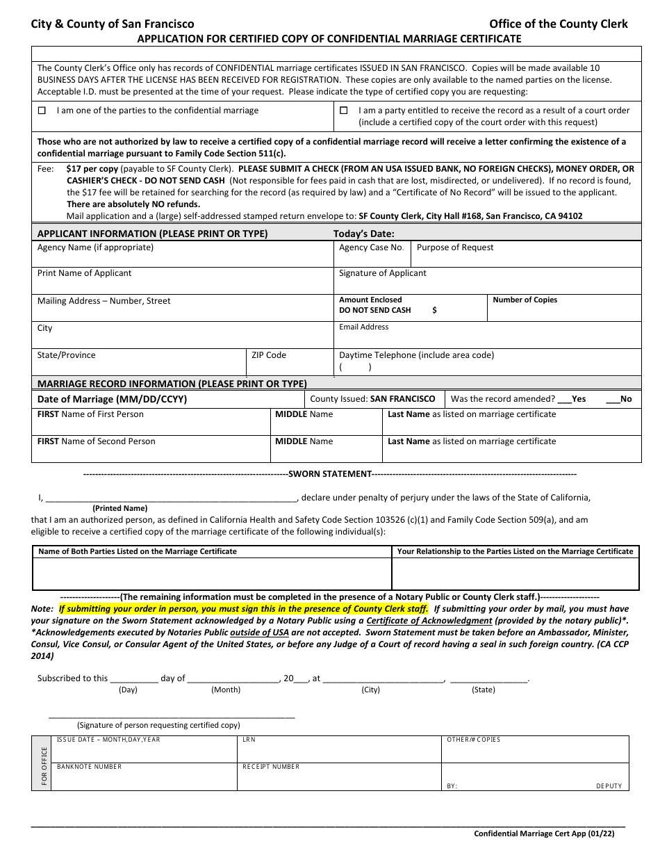 Application for Certified Copy of Confidential Marriage Certificate - City and County of San Francisco, California, Page 1