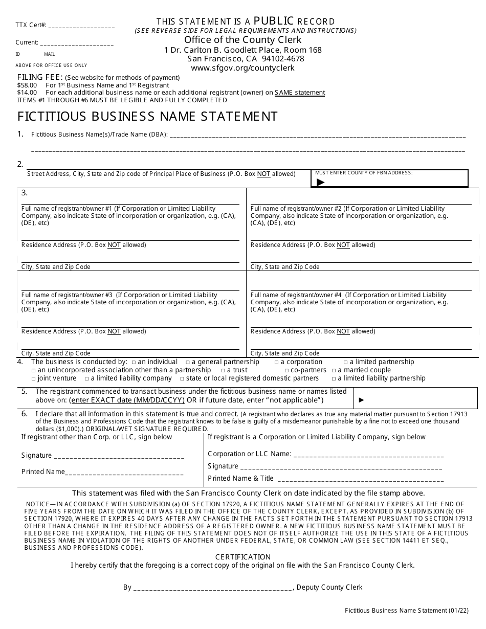 Fictitious Business Name Statement - City and County of San Francisco, California, Page 1