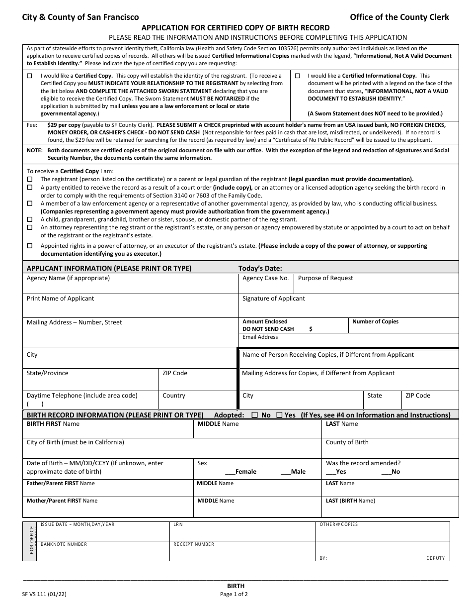 Form SF VS111 - Fill Out, Sign Online and Download Printable PDF, City ...