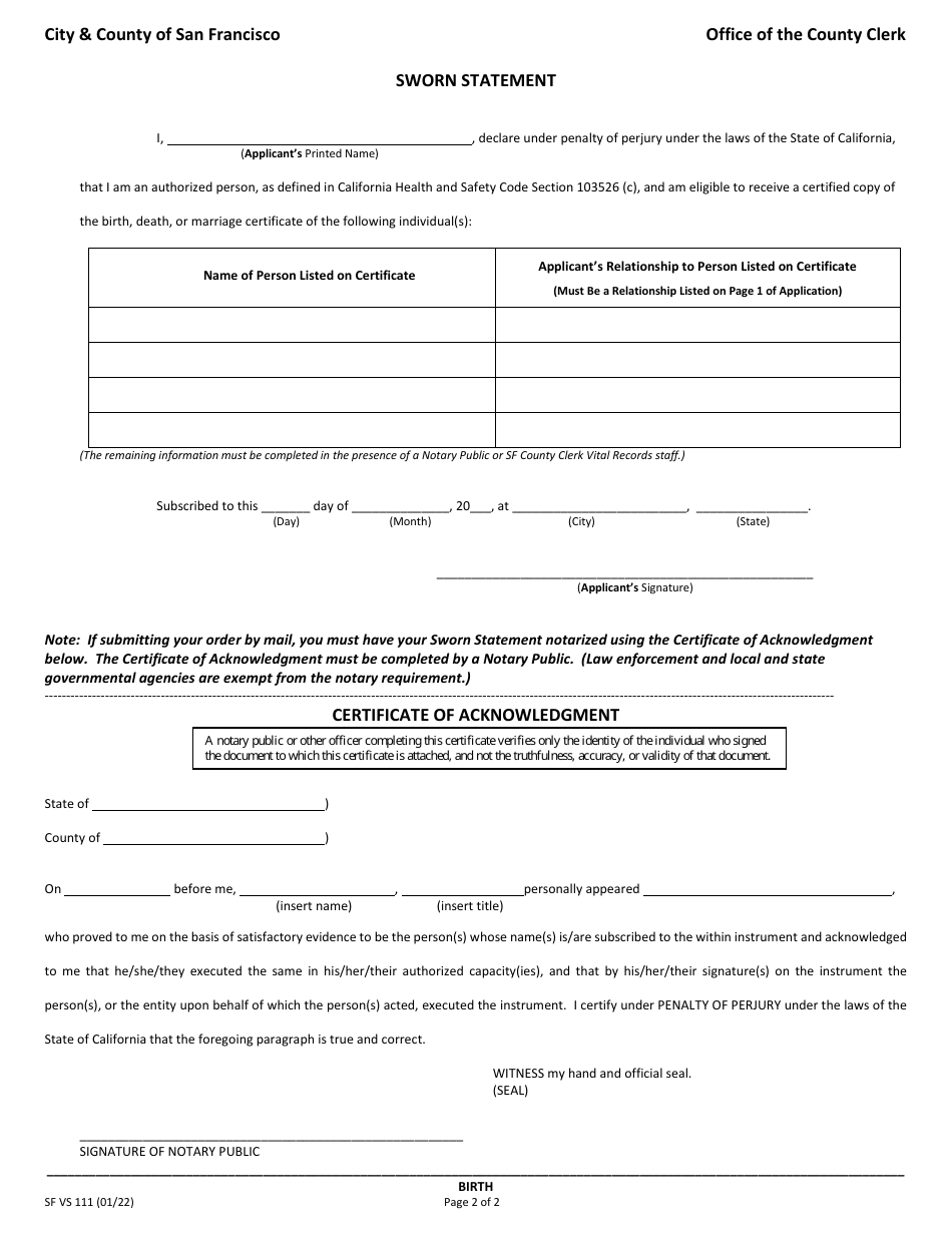 Form SF VS111 Application for Certified Copy of Death Record - City and County of San Francisco, California, Page 3