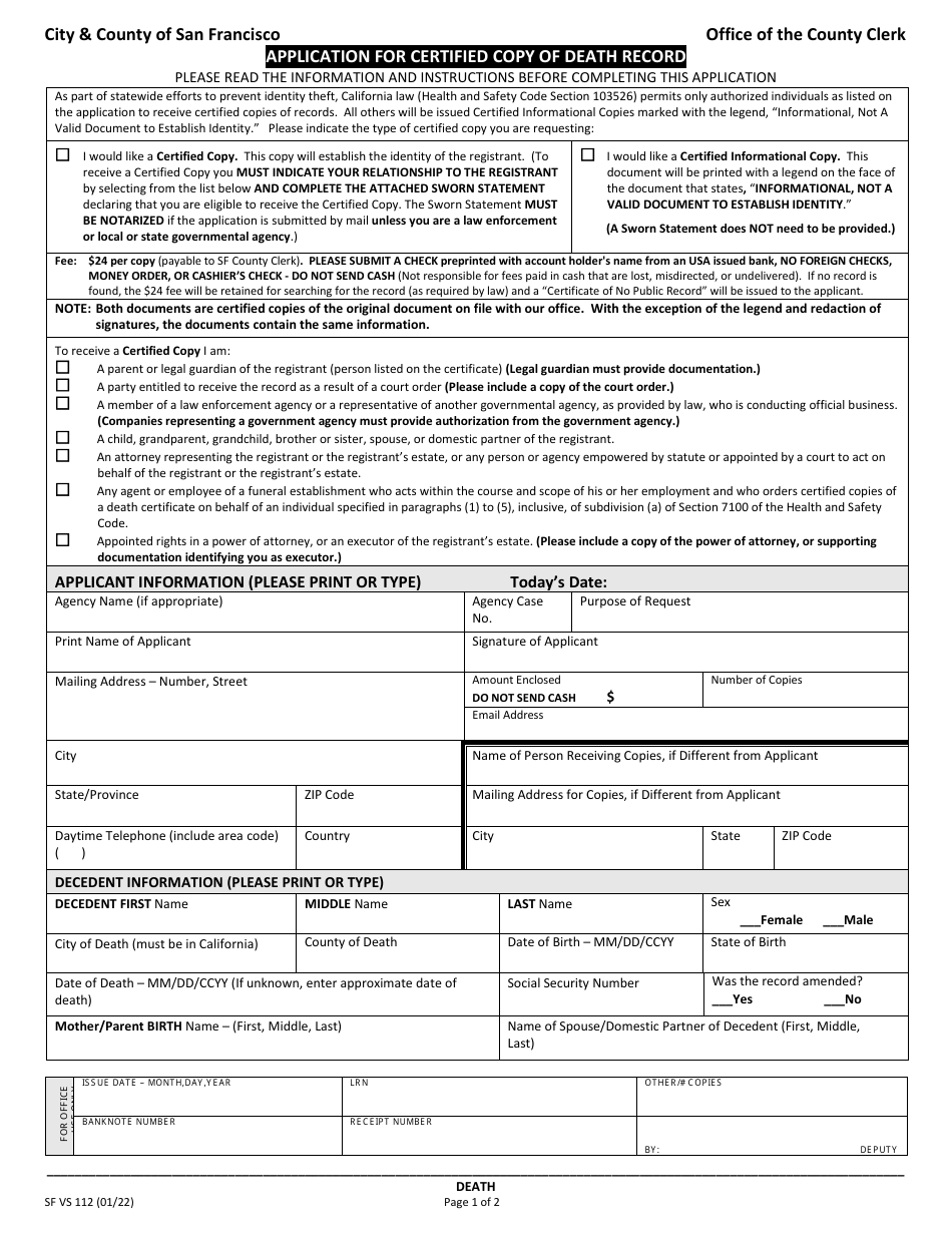Form SF VS112 Application for Certified Copy of Death Record - City and County of San Francisco, California, Page 2