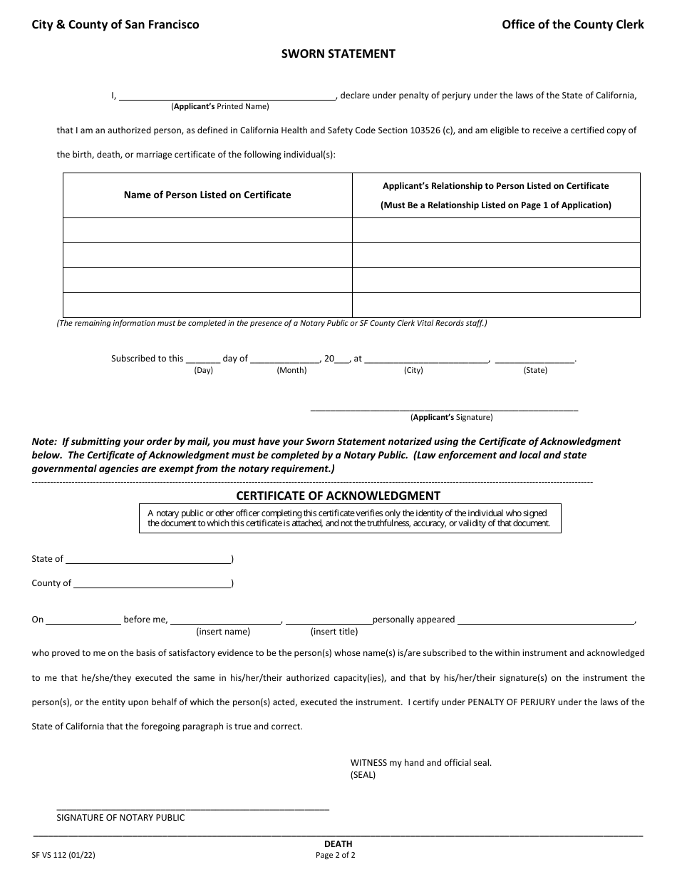 Form SF VS112 Application for Certified Copy of Death Record - City and County of San Francisco, California, Page 3