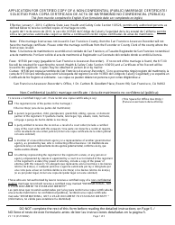 Document preview: Formulario VS113 Application for Certified Copy of a Non-confidential Public Marriage Certificate / Solicitud Para Copia Certificada De Acta De Matrimonio No Confidencial Publica - City and County of San Francisco, California (Spanish)