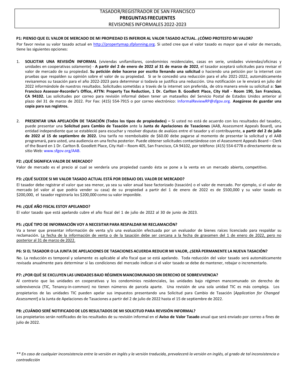 Solicitud De Revision Informal Para Una Re-evaluacion Temporal De disminucion En Valor De Mercado - City and County of San Francisco, California (Spanish), Page 2
