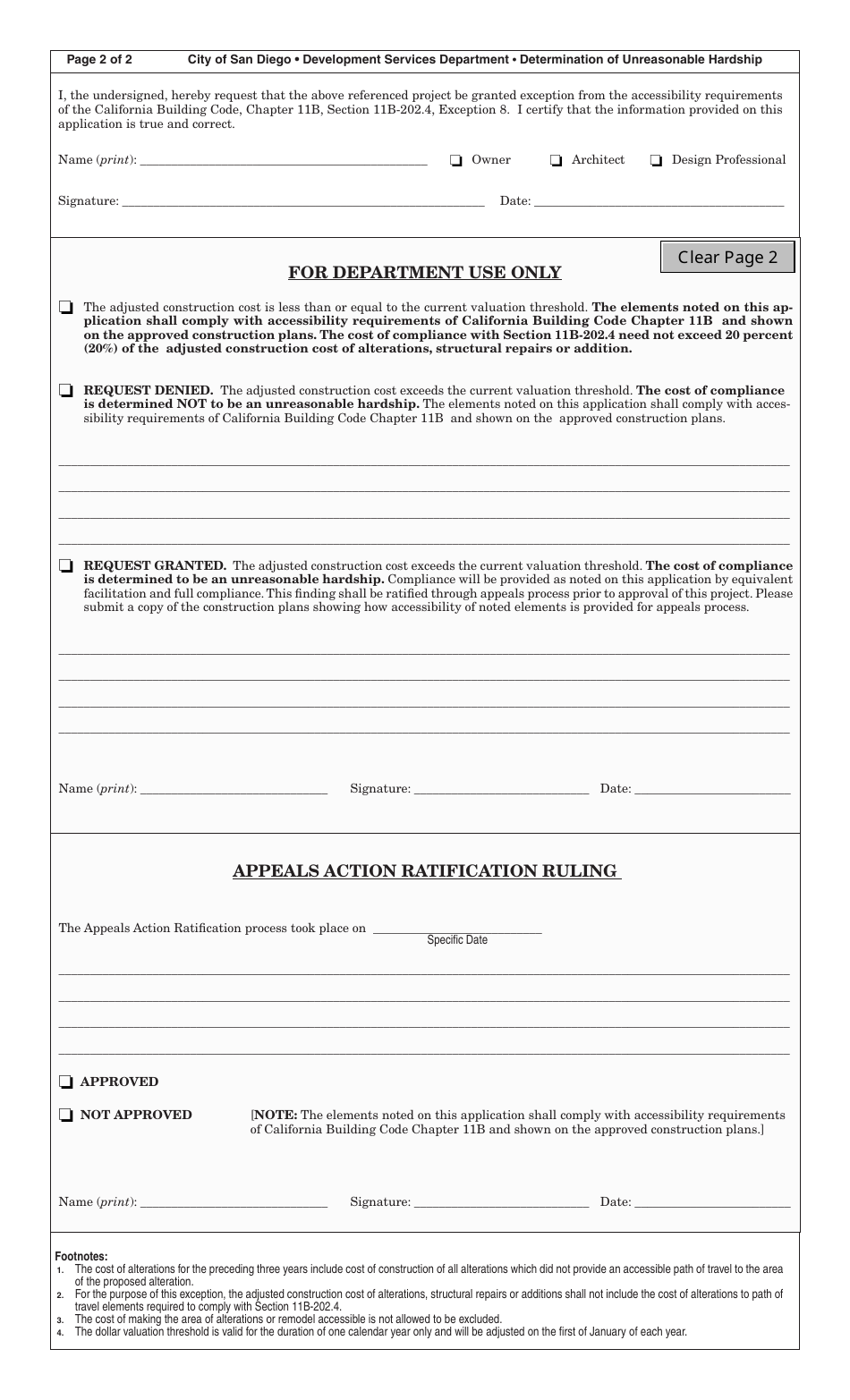 Form DS-2123 Determination of Unreasonable Hardship Exception to Accessibility Requirements - City of San Diego, California, Page 2