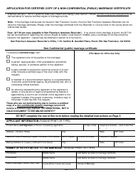 Form VS113 &quot;Application for Certified Copy of a Non-confidential Public Marriage Certificate&quot; - City and County of San Francisco, California