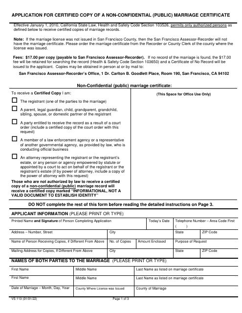 Form VS113 Application for Certified Copy of a Non-confidential Public Marriage Certificate - City and County of San Francisco, California