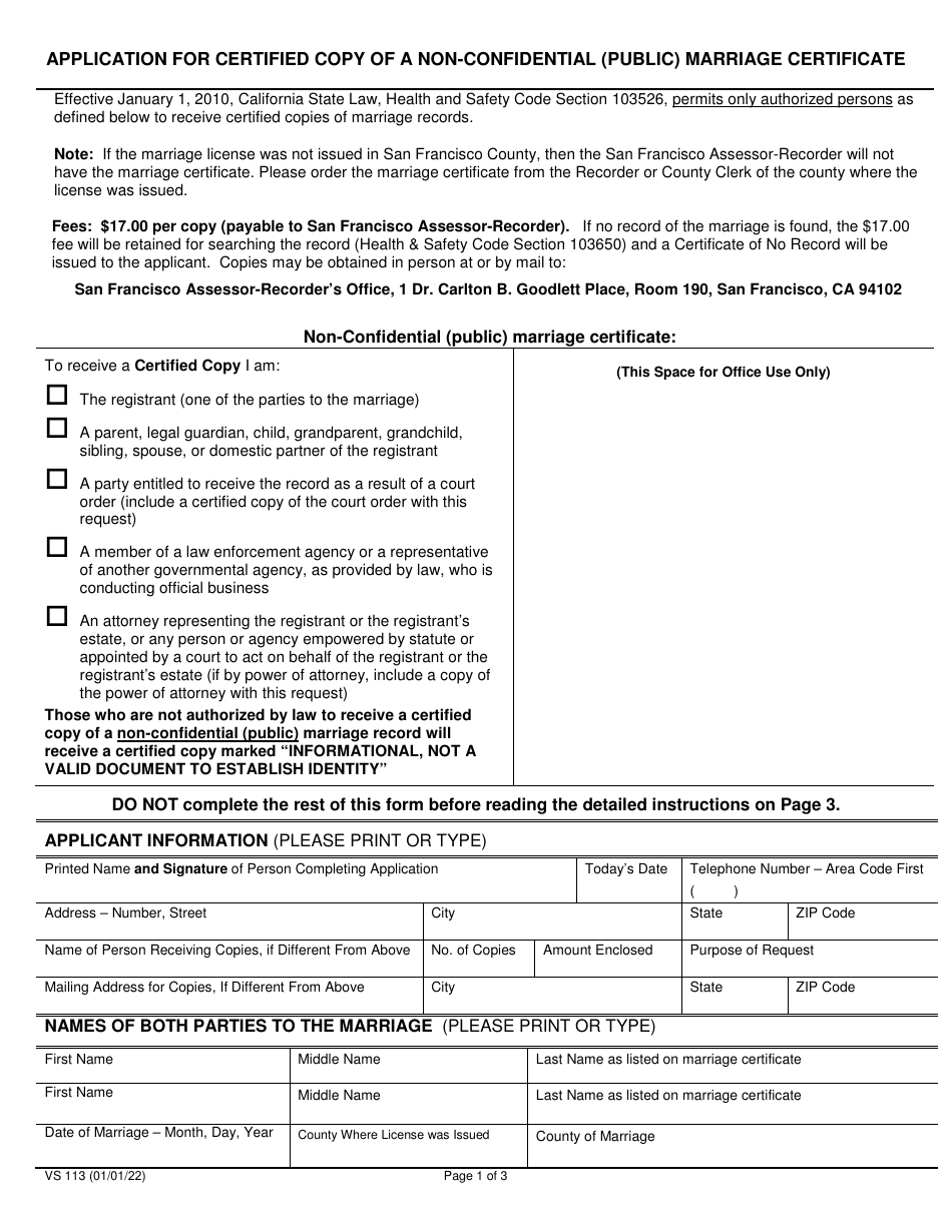 Form VS113 Application for Certified Copy of a Non-confidential Public Marriage Certificate - City and County of San Francisco, California, Page 1