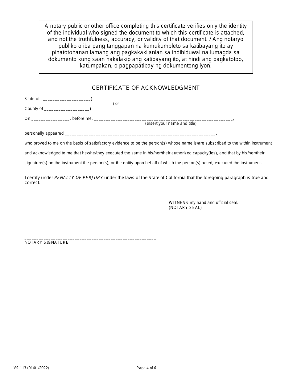 Form VS113 Application for Certified Copy of a Non-confidential Public Marriage Certificate - City and County of San Francisco, California (English / Filipino), Page 4