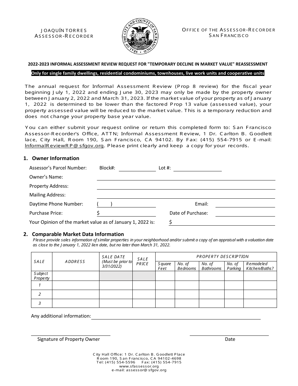 Informal Assessment Review Request for temporary Decline in Market Value Reassessment - City and County of San Francisco, California, Page 1