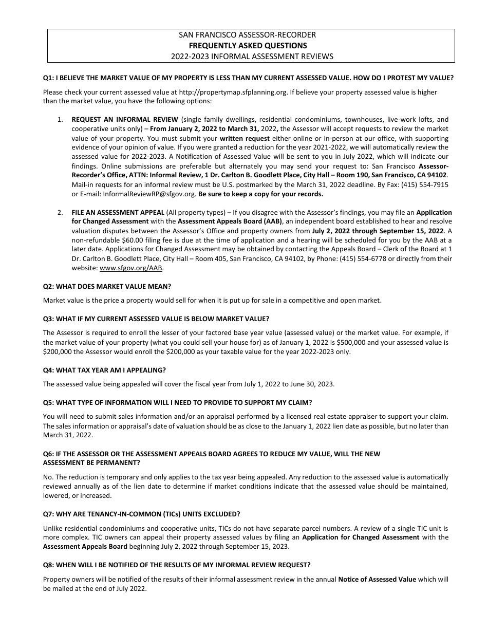 Informal Assessment Review Request for temporary Decline in Market Value Reassessment - City and County of San Francisco, California, Page 2