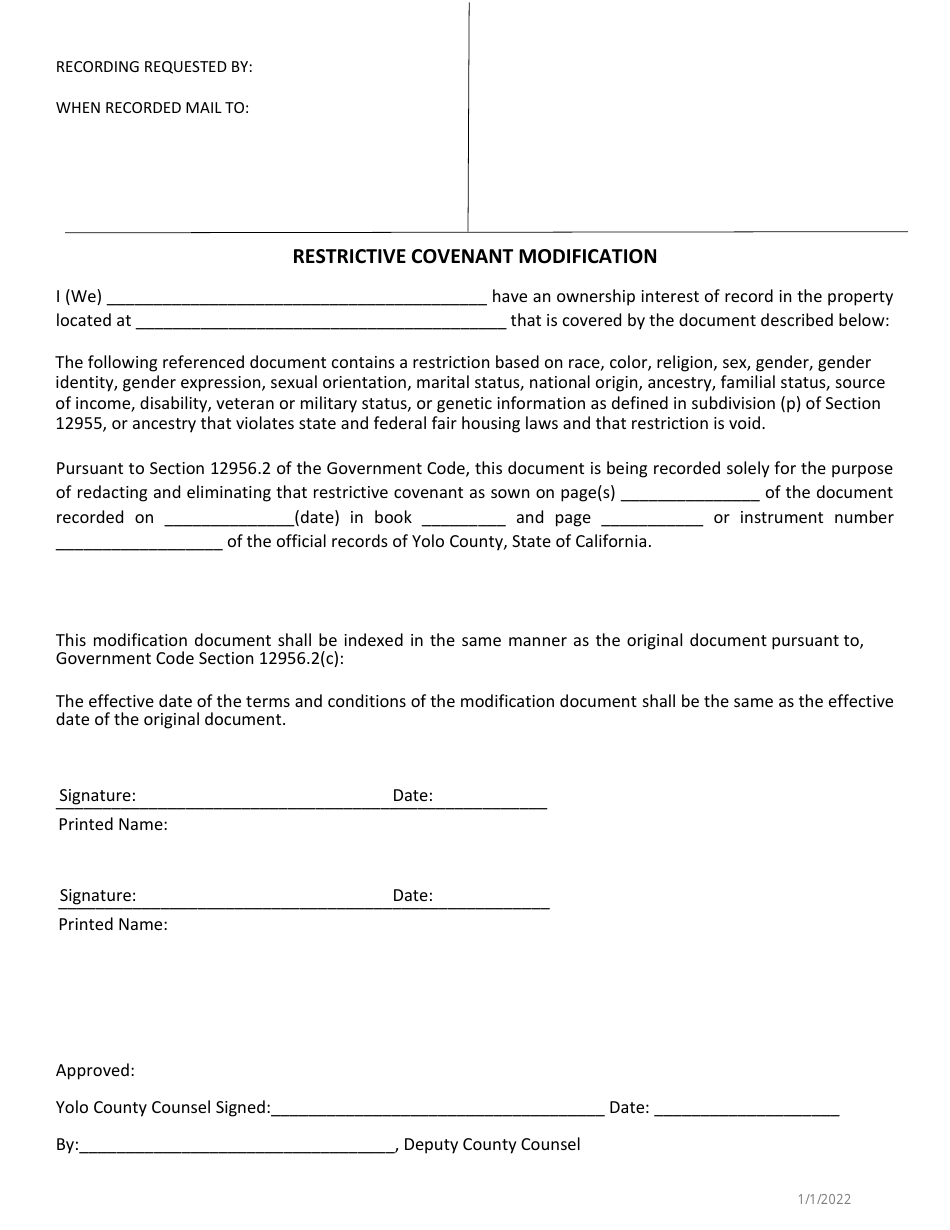 Yolo County, California Restrictive Covenant Modification - Fill Out ...