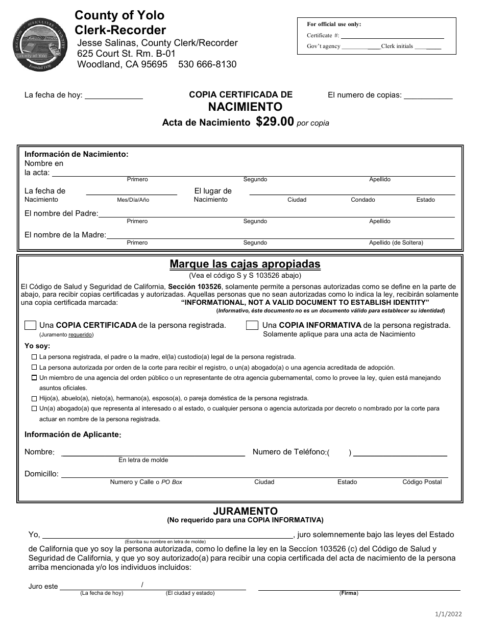 Copia Certificada De Nacimiento - Yolo County, California (Spanish), Page 1