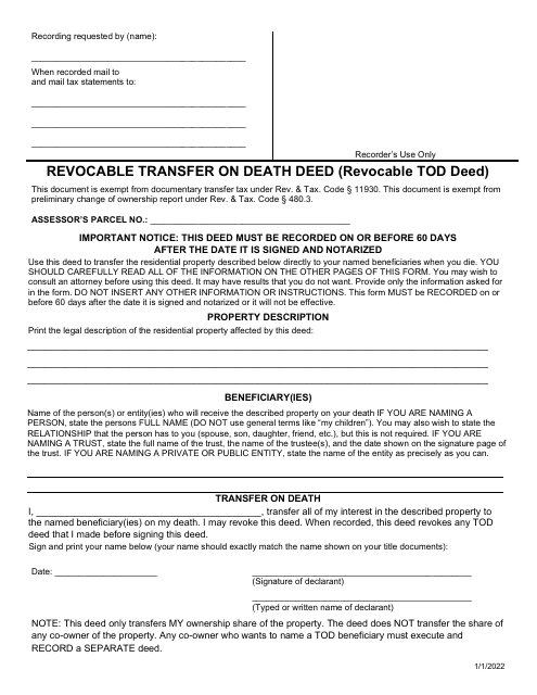 Revocable Transfer on Death Deed - Yolo County, California Download Pdf