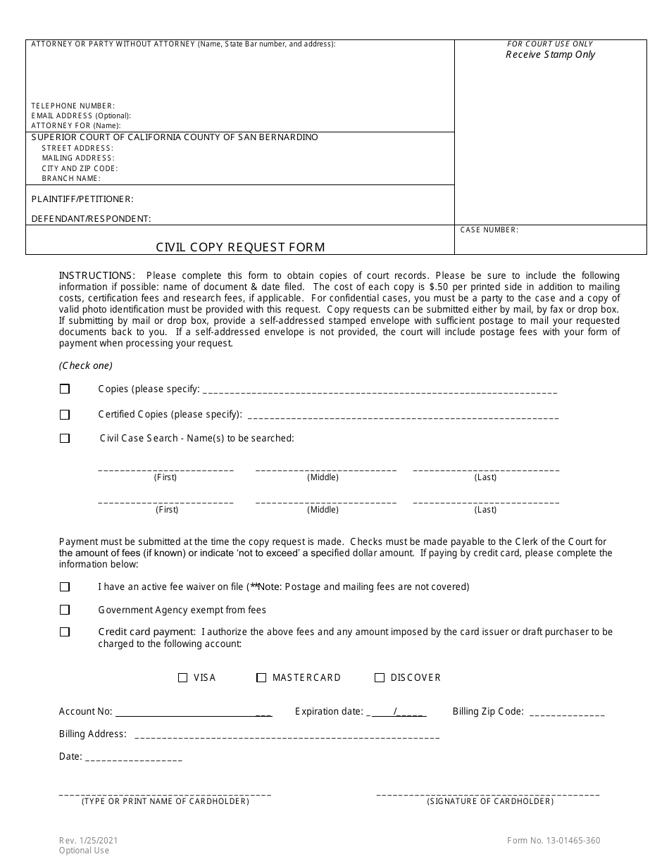 Form 13-01465-360 Civil Copy Request Form - County of San Bernardino, California, Page 1