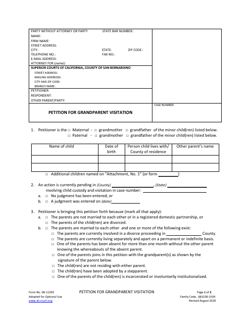 Form SB-11290 Petition for Grandparent Visitation - County of San Bernardino, California
